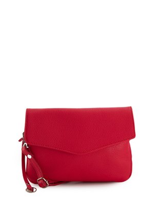 Rode leren clutch met een gestructureerde afwerking, flap met vouwoverslag en afneembare schouderriem. Compacte, rechthoekige vorm ideaal voor de basisbenodigdheden.