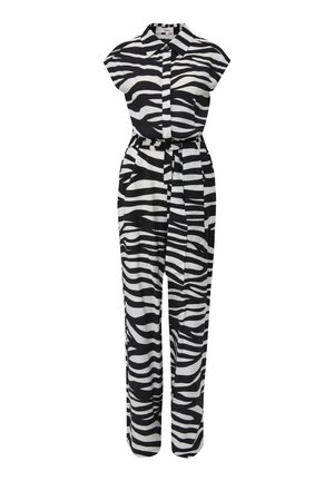 Zwart-witte zebra print jumpsuit met korte mouwen, kraag, knoopsluiting aan de voorkant en een ceintuur in de taille. Gemaakt van lichtgewicht stof.