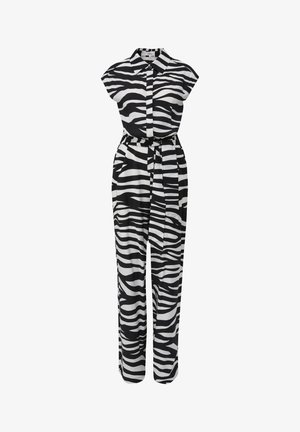 Jumpsuit w print w paski zebry w czerni i bieli, z krótkimi rękawami, kołnierzykiem, zapięciem na guziki z przodu oraz paskiem w talii. Wykonany z lekkiego materiału.