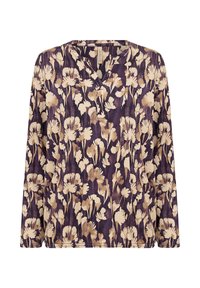 Blommig långärmad topp med djup V-ringning och mjukt, strukturerat tyg i lila, beige och krämfärgade toner.