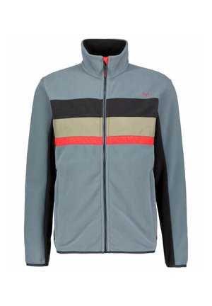 Fleecejacke mit durchgehendem Reißverschluss und hohem Kragen; hellblaue Grundfarbe, schwarze und beige horizontale Streifen, roter Akzentstreifen über der Brust und Seitenpaneele.