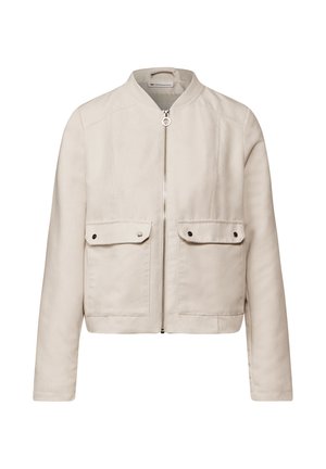 Beige Bomberjacke mit Reißverschluss, zwei Fronttaschen und Rundkragen. Aus einem glatten, strukturierten Stoff hergestellt. Minimalistisches Design.
