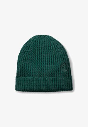 Berretto lavorato a maglia verde con una texture a coste, caratterizzato da un risvolto e un logo in rilievo sul lato. Il materiale sembra caldo e flessibile.