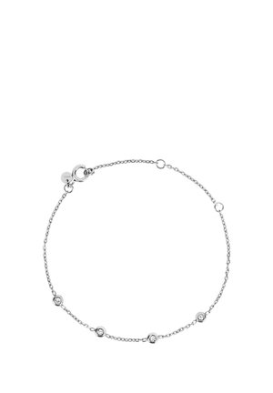 Srebrna bransoletka z łańcuszkiem, ozdobiona pięcioma równomiernie rozmieszczonymi małymi, okrągłymi, przezroczystymi kamieniami szlachetnymi i zapięciem na sprężynowy kółko.