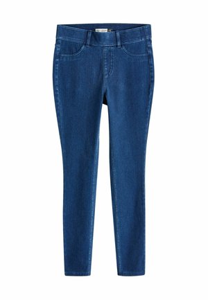 Blue denim skinny jeans with a smooth texture, five-pocket design, and belt loops. Features a mid-rise waist and minimal stitching details.