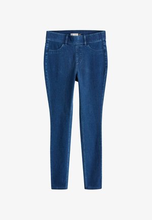 Jeans skinny din denim albastru cu o textură netedă, design cu cinci buzunare și bucle pentru curea. Prezintă un talie medie și detalii de cusătură minime.