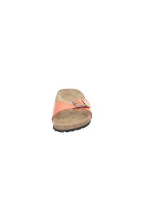 Orange slide sandal with a wide strap and metal buckle. Cork footbed with textured surface, rubber sole for traction. Minimalist design.