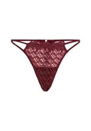Bourgondische kanten string met gewatteerde textuur, gegolfde bovenkant en dunne bandjes. Heeft ingewikkelde diamantpatronen en glinsterende accenten.