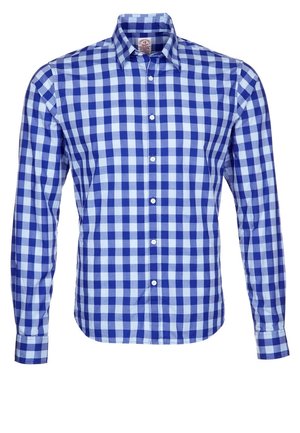 Niebiesko-biała koszula w kratę z długim rękawem, zapinana na guziki, z kołnierzykiem i mankietami, przedstawiona od przodu na jednolitym tle.