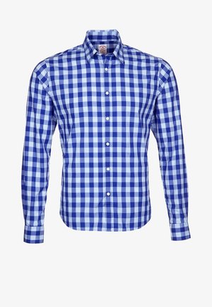 Blau-weiß kariertes Hemd mit langen Ärmeln, Knopfleiste, Kragen und Manschetten, von vorne auf einfarbigem Hintergrund dargestellt.