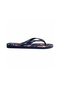 Flip-flop blu navy con plantare testurizzato caratterizzato da una stampa colorata. Le cinghie a forma di thong sono realizzate in plastica flessibile. Design leggero e piatto.