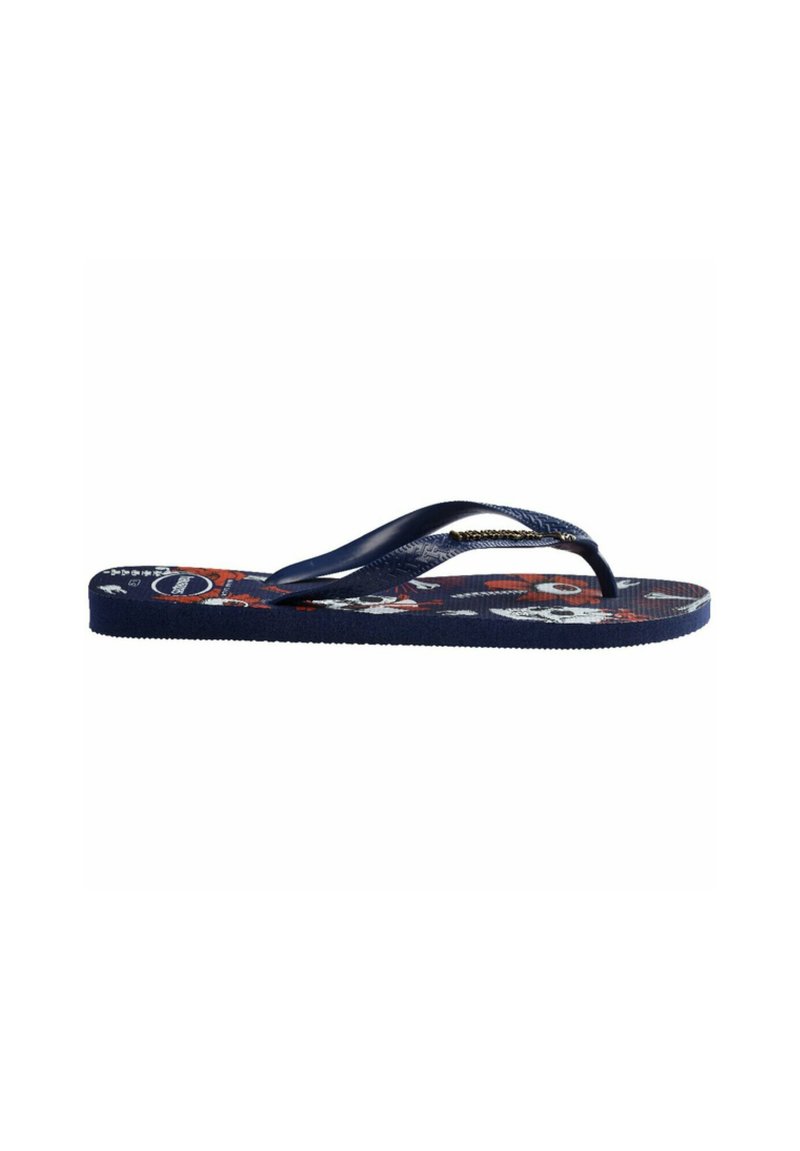 Flip-flop blu navy con plantare testurizzato caratterizzato da una stampa colorata. Le cinghie a forma di thong sono realizzate in plastica flessibile. Design leggero e piatto.