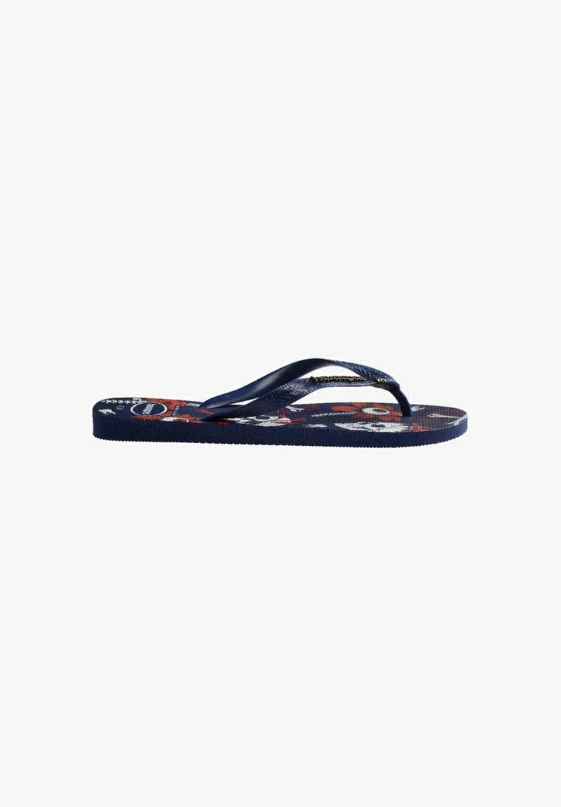 Flip-flop blu navy con plantare testurizzato caratterizzato da una stampa colorata. Le cinghie a forma di thong sono realizzate in plastica flessibile. Design leggero e piatto.