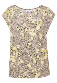 Kortärmad, lös passform top i beige med brunt leopardmönster och gula blomstermotiver. Slätt tyg, rund halsringning och sidosprund.