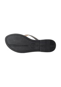 Sort sandal sål med en glat overflade, tekstureret foring og en cirkulær knapdetalje. Har en afrundet tå og let svangstøtte.