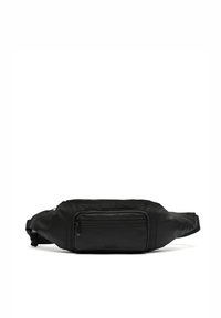 Czarna nerka wykonana z gładkiego, wodoodpornego materiału, wyposażona w jedną główną komorę na zamek oraz przednią kieszeń z detalem zamka.