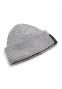 Beanie grigio a maglia con una texture a coste e un risvolto. Presenta un piccolo etichetta nera sul lato con il nome del marchio.