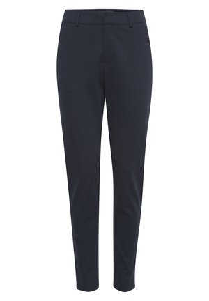Pantalon de costume bleu marine coupe slim avec passants de ceinture, fermeture éclair à l'avant et jambes fuselées.