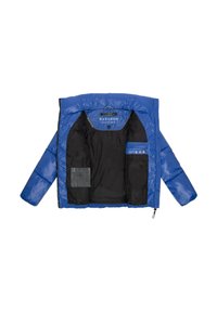 Blue puffer jacket with a shiny, quilted exterior, black interior lining, a zipper closure, and multiple inner pockets. Brand label visible.