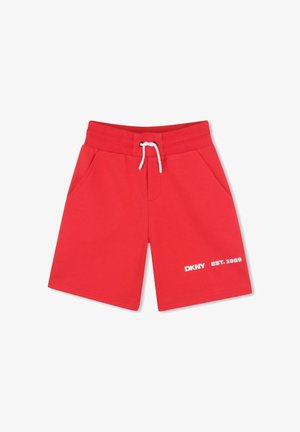 Shorts en coton rouge avec une taille élastique et un cordon blanc. Comprend deux poches latérales et un logo imprimé blanc avec "EST. 1989."