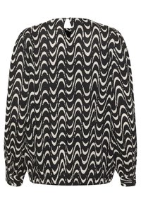 Czarna i biała bluzka z długim rękawem w falowany wzór, z otwarciem w kształcie klucza z tyłu oraz elastycznym dołem i mankietami. Wykonana z lekkiego materiału.