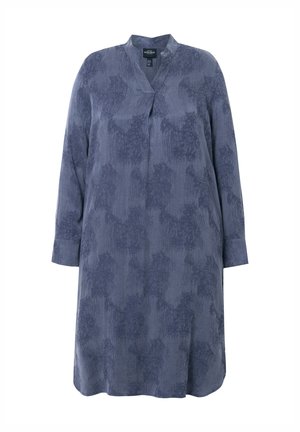 Langärmliges Kleid aus dunkelblauem Stoff mit einem strukturierten Blumenmuster, einem lässigen Schnitt und einem dezenten Mao-Kragen.