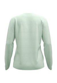 Hellgrüner, langärmeliger Pullover aus weichem Stoff, mit runder Ausschnittform und geradem Saum, glatter Textur und ohne Verzierungen.