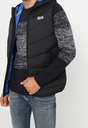 Mand iført en sort quiltet vest uden ærmer med blå foring over en mørkeblå og grå mønstret sweater og falmede blå jeans.