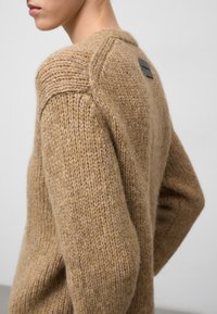 Brązowy sweter z dzianiny o fakturowanej powierzchni, z raglanowymi rękawami i małą czarną metką na karku.