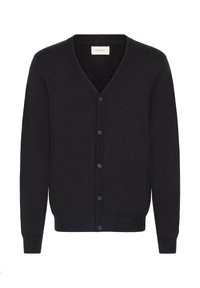 Svart cardigan laget av myk strikket stoff, med V-hals, lange ermer og knappestolpe med seks små knapper.