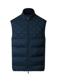 Marineblauwe mouwloze gewatteerde bodywarmer met opstaande kraag, volledige ritssluiting aan de voorkant en klein logoplaatje op de linkerborst.
