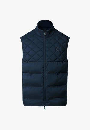 Granatowa pikowana kamizelka bez rękawów z kołnierzem stojącym, pełnym zamkiem z przodu i małą naszywką z logo na lewej piersi.