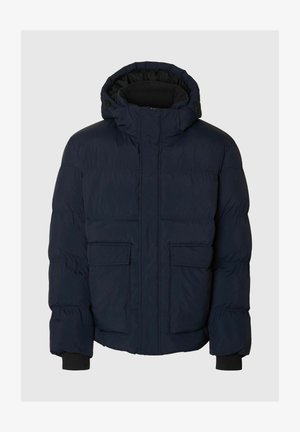 Navy puffer jacket with a hood, featuring an insulated design, two front pockets, ribbed cuffs, and a textured finish.