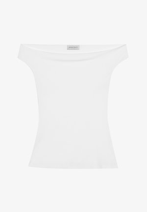 Balta, bezplecu augšdaļa, izgatavota no gludas auduma, pieguļošs siluets un apaļa kakla izgriezuma. Centrā augšpusē ir uzraksts "ANNA FIELD."