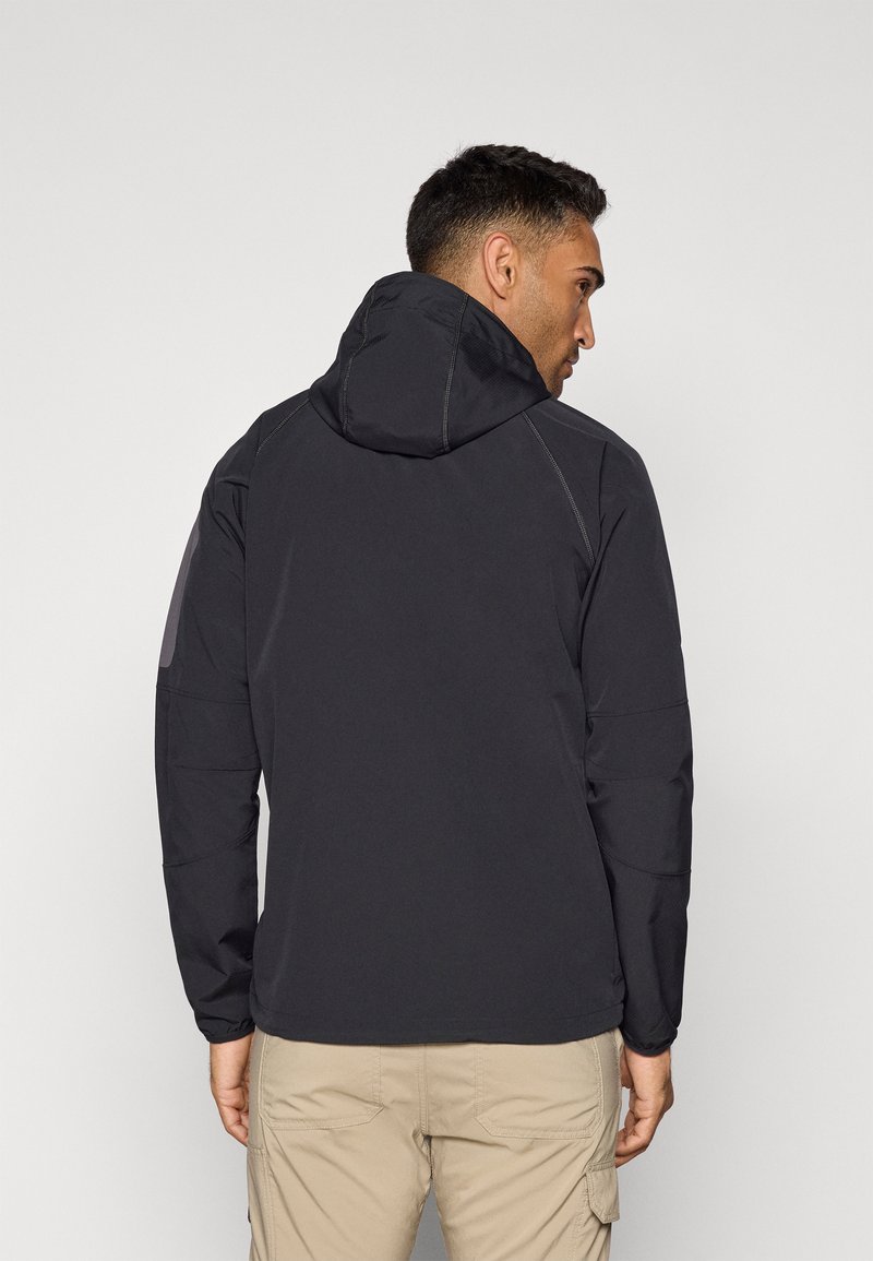 Czarna kurtka na zewnątrz z kapturem, charakteryzująca się gładką teksturą i kontrastowymi szarymi akcentami na ramionach i rękawach. Zaprojektowana do aktywnego noszenia.