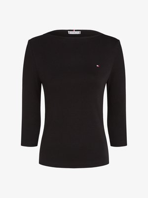 Čierna košeľa s dlhým rukávom, okrúhlym výstrihom a rebrovanou textúrou. Má malé logo na ľavej hrudi a priliehavý strih.