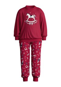 Rotes Pyjama-Set mit einem langärmeligen Oberteil mit Pferdemotiv und floralen Akzenten, kombiniert mit gemusterten Hosen, die Nussknacker und Schneeflocken zeigen.