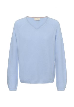 Light blue knit sweater with a V-neck, long sleeves, and a relaxed fit. Ribbed edges and smooth texture. Brand label visible at the neck.