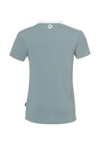 Polo shirt bleu clair à manches courtes avec un col blanc et des rayures sur les épaules, un petit logo dans le dos et un tissu texturé.