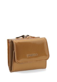 Tandfarvet pung i laklæder med tekstureret finish, metallås og præget "VENEZIA" logo på forsiden. Kompakt rektangulær form.