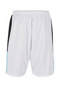 Pantaloni sportivi bianchi con pannelli laterali neri e accenti azzurri. Presentano un elastico in vita e un tessuto liscio e leggero.