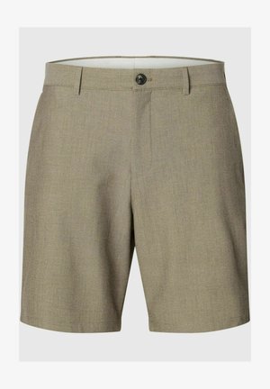 Pantalones cortos de color caqui entallados, con trabillas para cinturón, cierre frontal con botones y cremallera oculta.