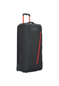 Czarna walizka na kółkach o prostokątnym kształcie, z czerwoną zamkiem, z logo z przodu oraz solidnym uchwytem do łatwego transportu.