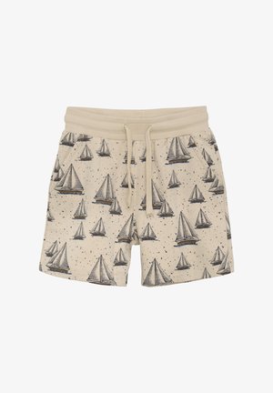 Beżowe szorty na sznurek z nadrukiem żaglówki i przednimi kieszeniami, zaprojektowane do codziennego noszenia.