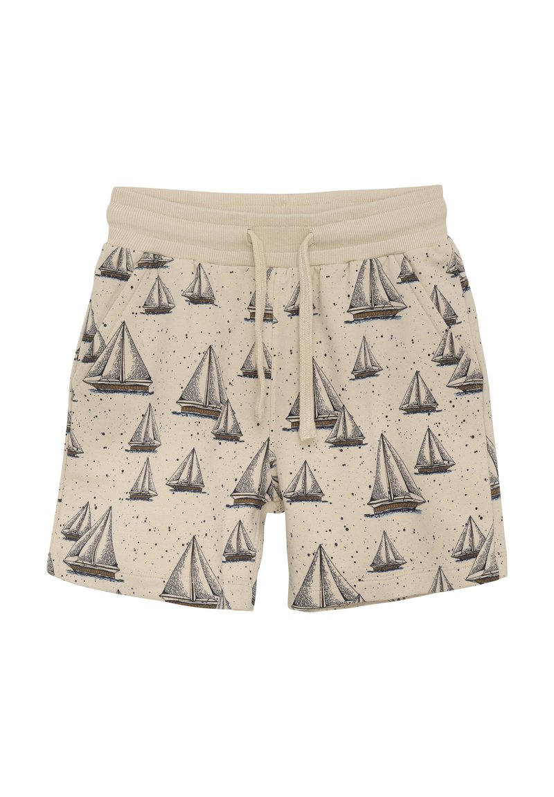 Beige drawstring shorts med sejlbådsmønster og forlommer, designet til afslappet brug.