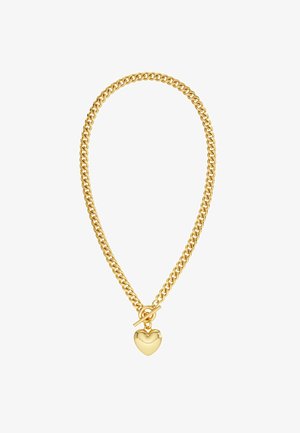 Gouden kettinghalsketting met in elkaar grijpende schakel en een gepolijste hartvormige hanger met een oogje-sluiting. Glad oppervlak en glanzende afwerking.