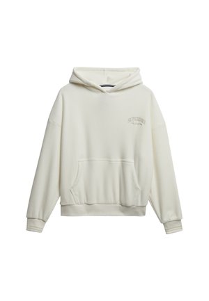 Witte hoodie met een voorzak, geribbelde mouwen en een klein geborduurd logo op de borst. Zachte stof met een comfortabele pasvorm.