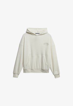 Witte hoodie met een voorzak, geribbelde mouwen en een klein geborduurd logo op de borst. Zachte stof met een comfortabele pasvorm.
