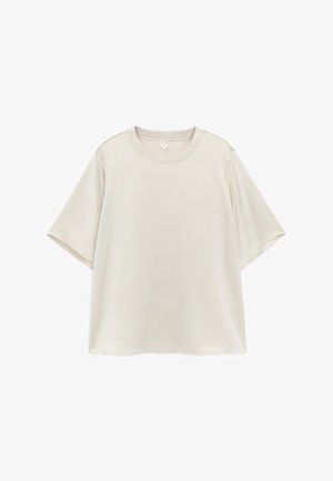 Schlichtes hellbeiges T-Shirt mit kurzen Ärmeln und Rundhalsausschnitt, mit lockerer Passform, flach auf weißem Hintergrund präsentiert.