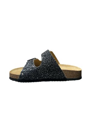 Sandalo aperto nero glitter con due cinturini regolabili e suola in sughero su sfondo bianco.